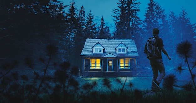 Full shot traveler finding house in forest