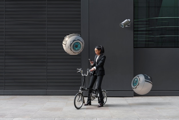 Full shot woman on bicycle outdoors