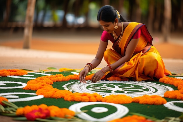 Free Photo full shot woman celebrating tamil new year