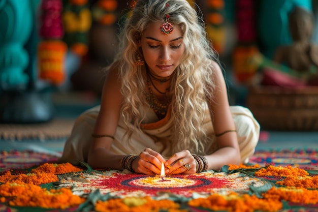 Free Photo full shot woman celebrating tamil new year