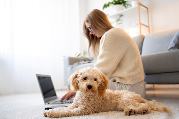 Full shot woman and dog on floor