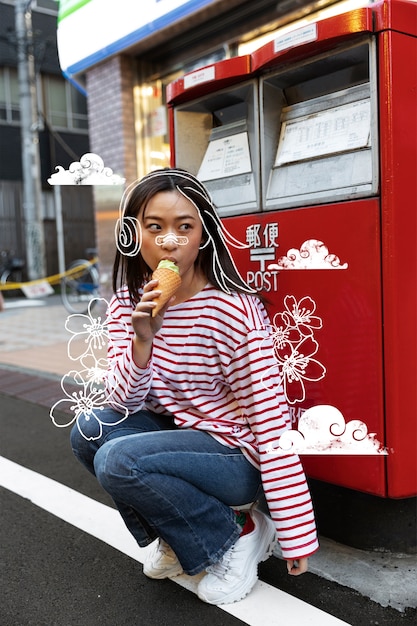 Full shot woman eating ice cream