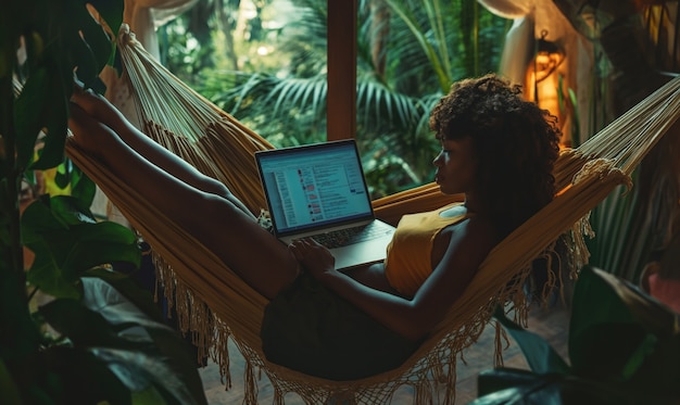 Free photo full shot woman in hammock working