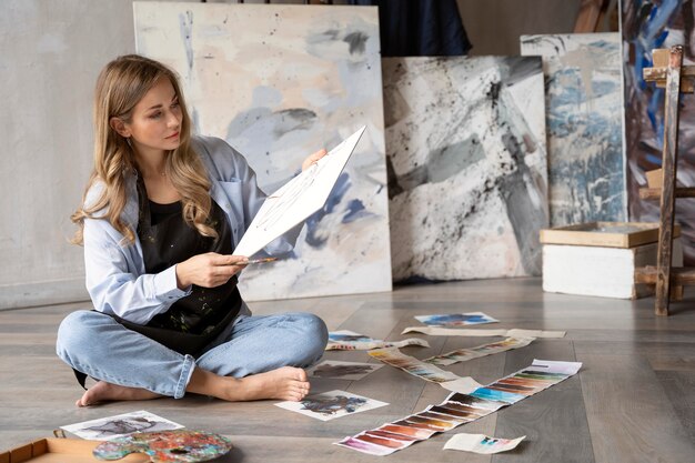 Full shot woman holding canvas