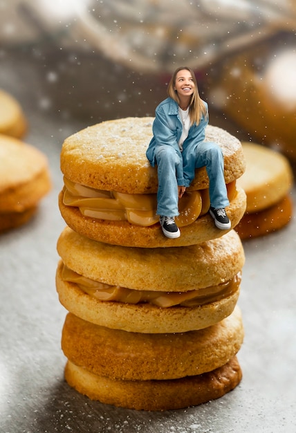 Free Photo full shot woman posing with biscuits