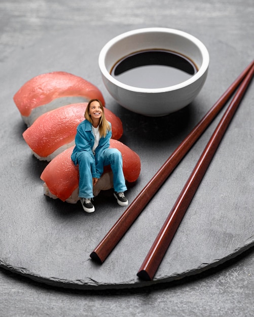 Free photo full shot woman posing with sushi