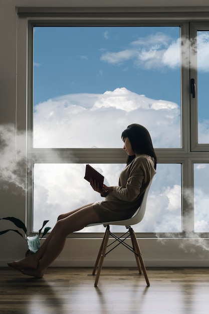 Full shot woman reading indoors