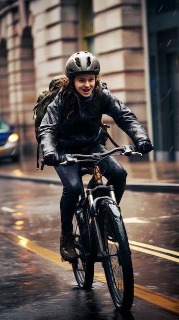 Free photo full shot woman riding bike outdoors