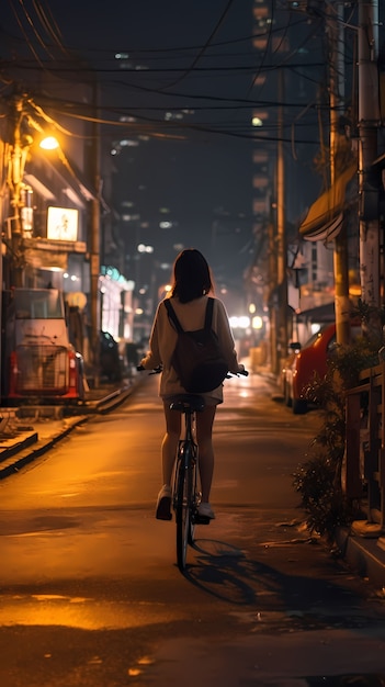 Free photo full shot woman riding bike outdoors