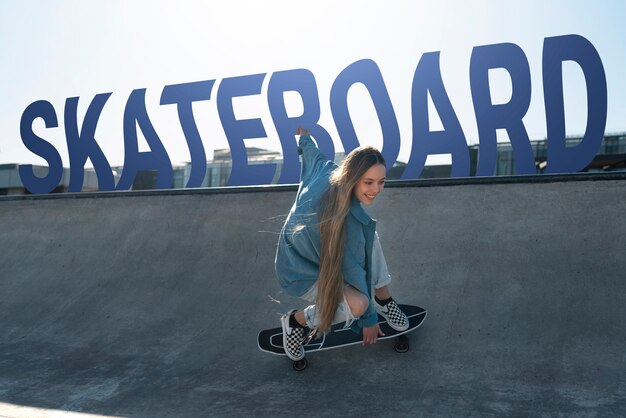 Free photo full shot woman on skateboard with wavy texts