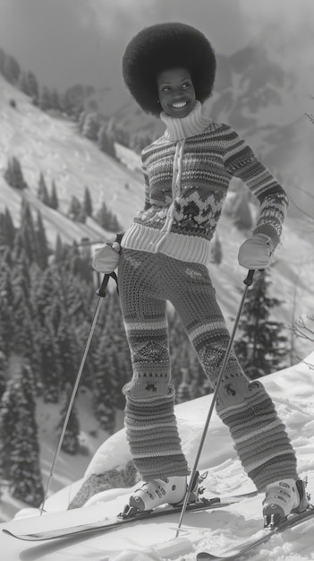 Full shot woman skiing monochrome