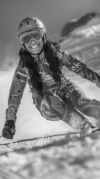 Free photo full shot woman skiing monochrome