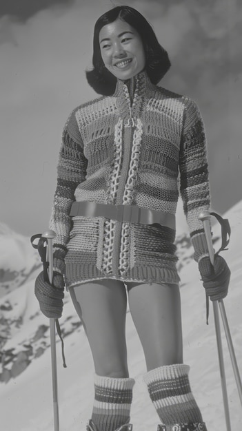 Full shot woman skiing monochrome