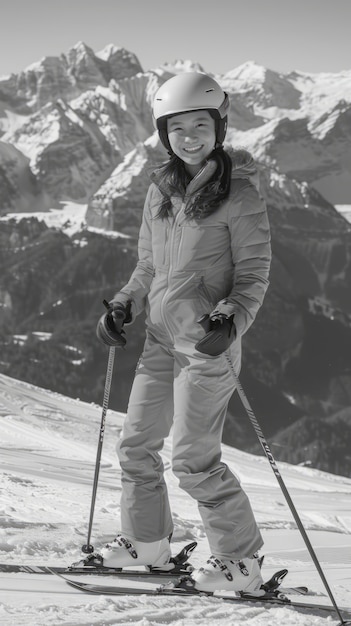 Free photo full shot woman skiing monochrome