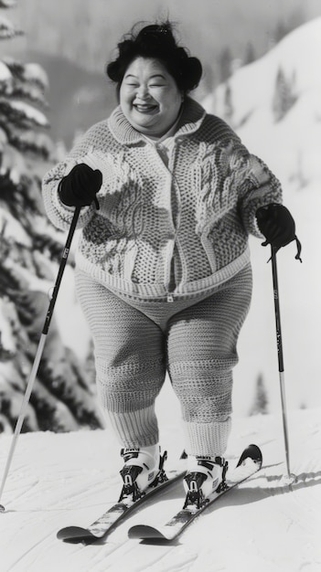 Free photo full shot woman skiing monochrome