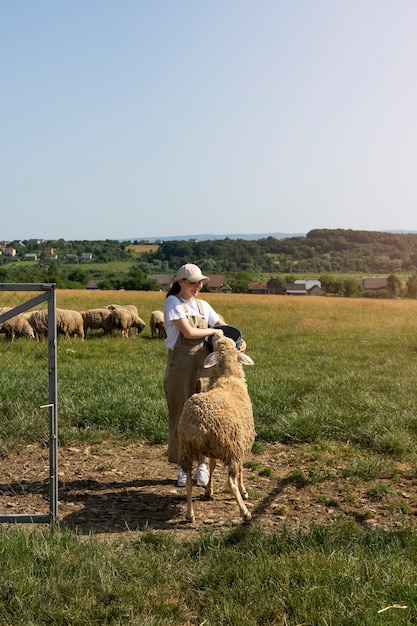 Free photo full shot woman taking care of sheep in the field