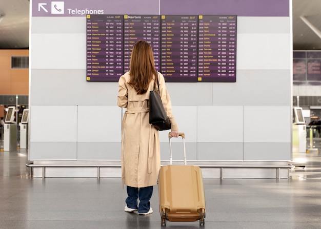 Free photo full shot woman traveling with baggage