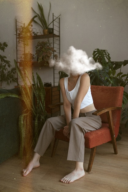 Free photo full shot woman with cloud-shaped head