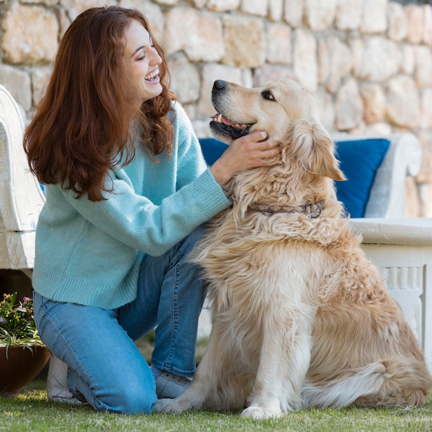 Full shot woman with smiley dog