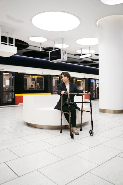 Free photo full shot woman with walking frame