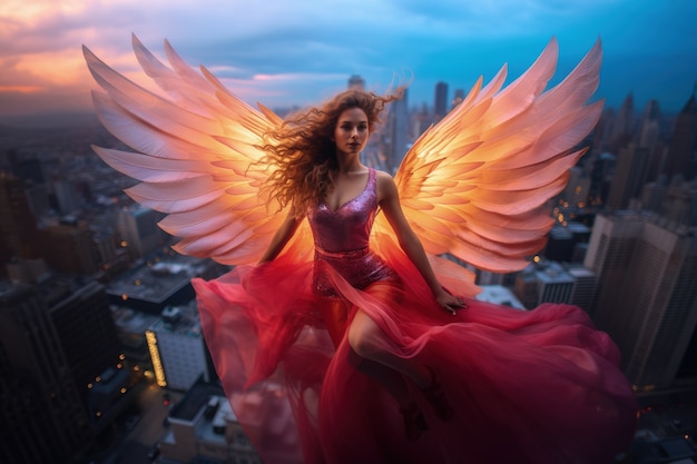 Free photo full shot woman with wings flying