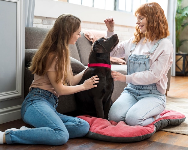 Full shot women and dog in living room