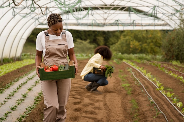 Full shot women farming together