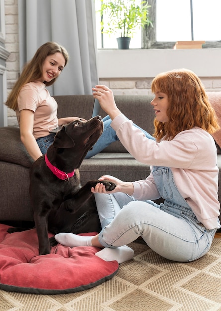 Free Photo full shot women playing with dog