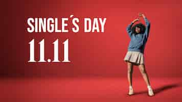 Free photo full shot young woman single's day banner