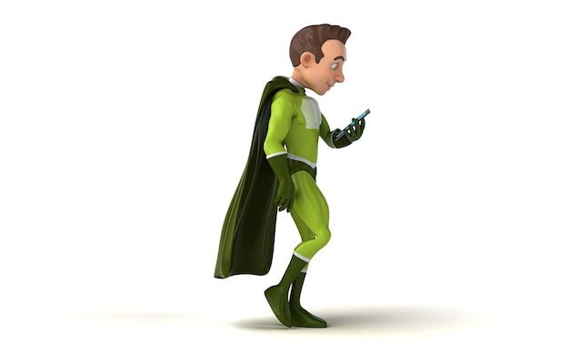 Fun 3D cartoon superhero walking with a smartphone