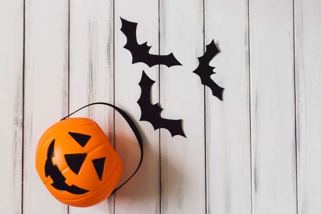 Free Photo funny basket and bats for halloween party