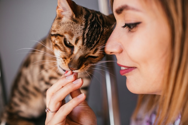 Funny Bengal cat plays on the steel ladder with a woman 