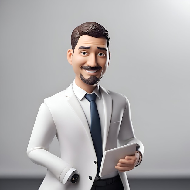 Free photo funny man in a white jacket and tie holding a tablet in his hands