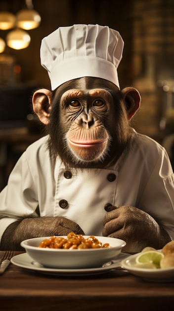 Free photo funny monkey wearing cook outfit