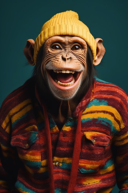 Free photo funny monkey with hat in studio