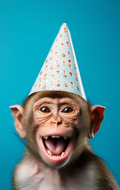 Free photo funny monkey with hat in studio