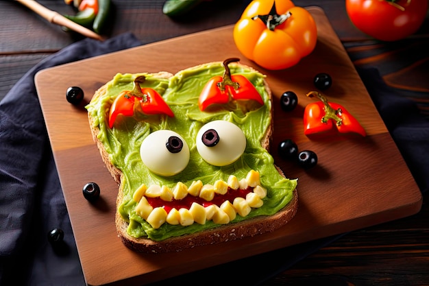 Free photo funny monster avocado toast for halloween on wooden table