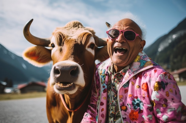 Free photo funny old man with cow