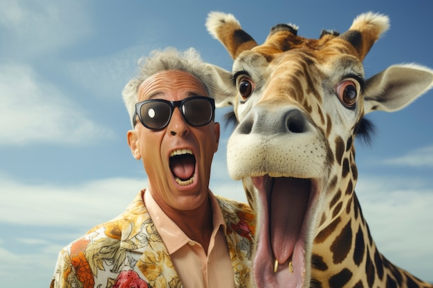 Free Photo funny old man with giraffe