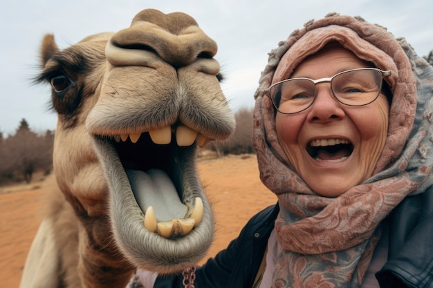 Free Photo funny old woman with camel