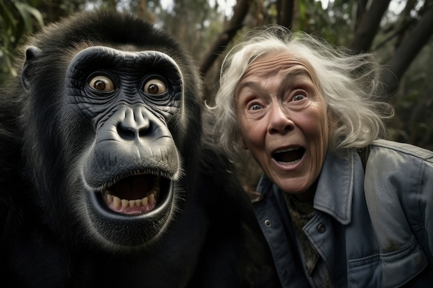 Free photo funny old woman with monkey