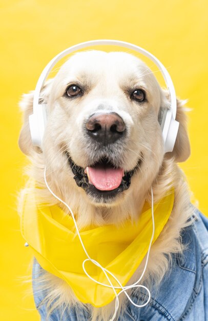 Funny white golden retriever dressed in denim jacket and helmets, sometimes listening to music