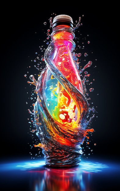 Futuristic brightly colored soda bottle