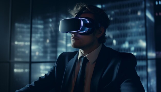 Futuristic businessman in virtual reality simulator working digitally generated by AI