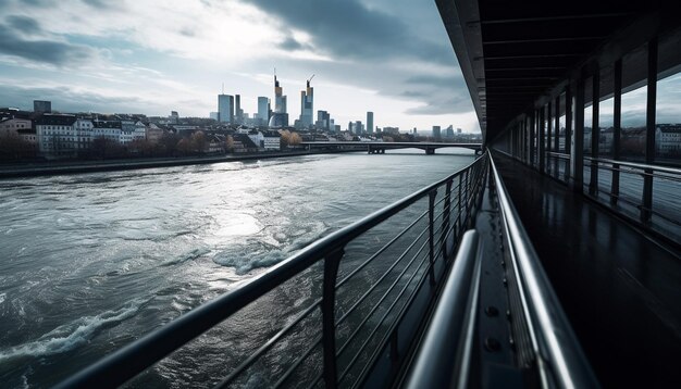 Futuristic city skyline reflects on blue water generated by AI