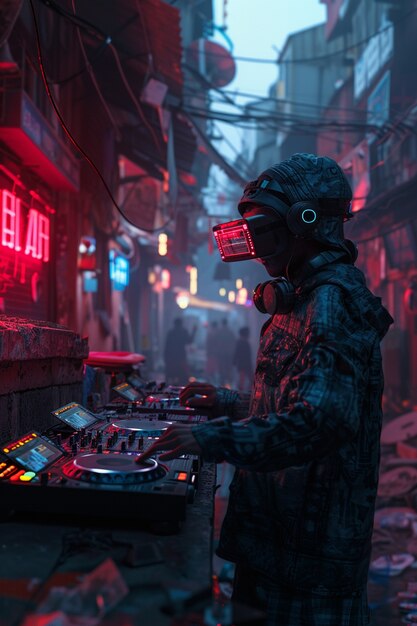 Futuristic dj using virtual reality glasses to headline party and play music