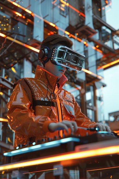 Free photo futuristic dj using virtual reality glasses to headline party and play music