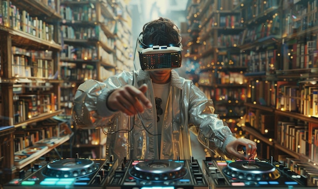 Free photo futuristic dj using virtual reality glasses to headline party and play music