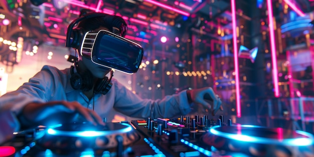 Free photo futuristic dj using virtual reality glasses to headline party and play music