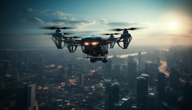 Free photo futuristic drone hovers mid air filming cityscape generated by ai